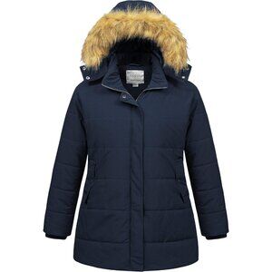 Women's Waterproof Blue Long Puffer Hood Jacket Coat Winter Warm Removable Fur